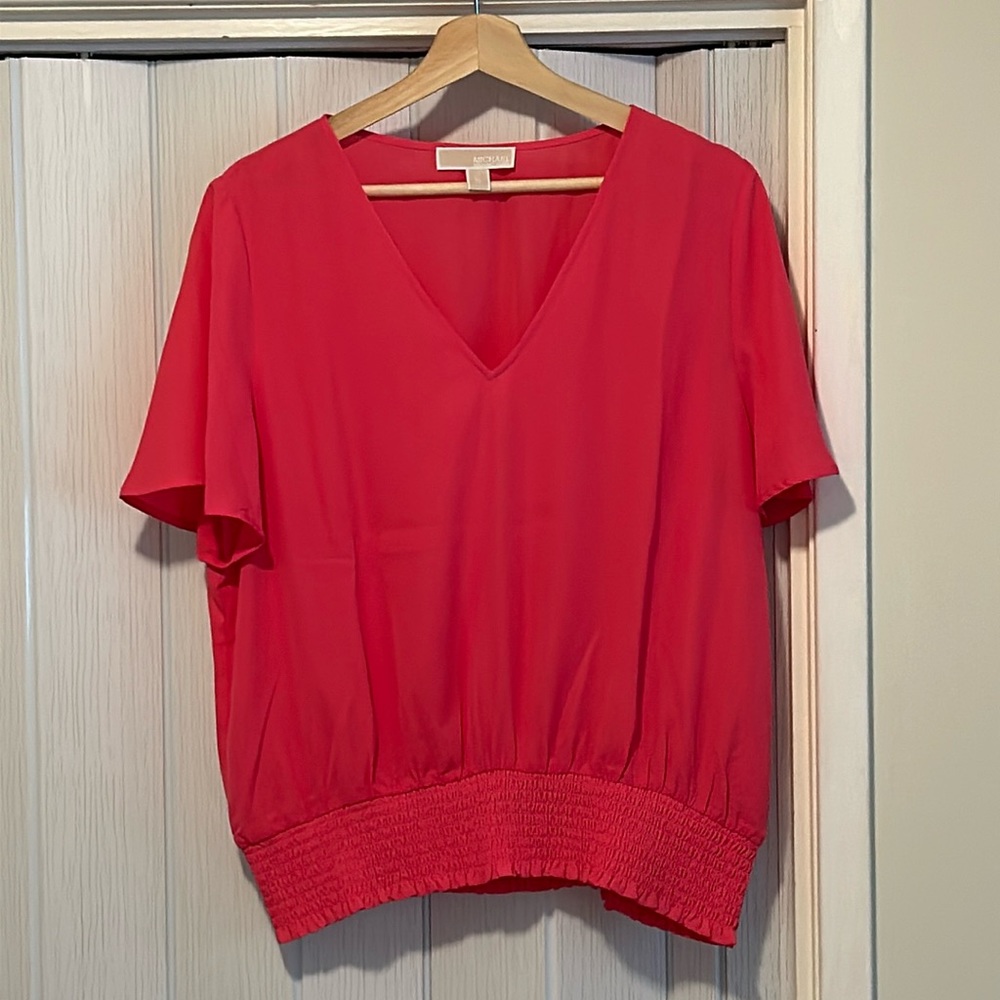 MICHAEL Michael Kors Pink Ribbed Short Sleeve Blouse
